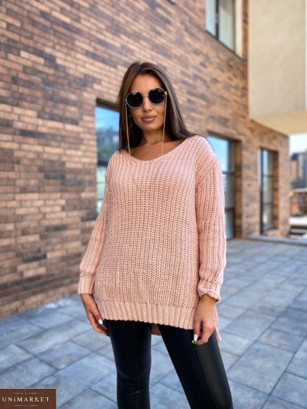 Замовити дешево жіночий подовжений в'язаний светр (розмір 50-56) персикового кольору