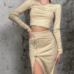 Купить беж женскую трикотажную юбку с разрезом (размер 42-56) онлайн