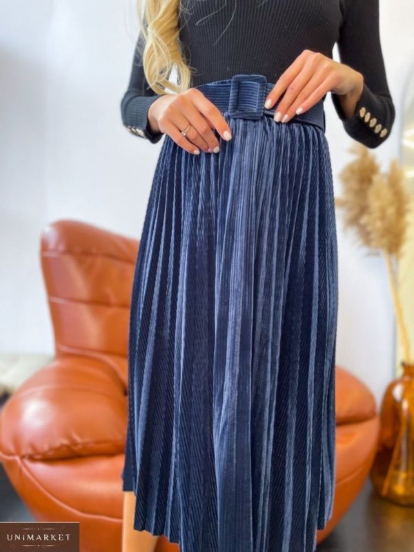 Купить по скидке синюю женскую юбку плиссе из микровельвета