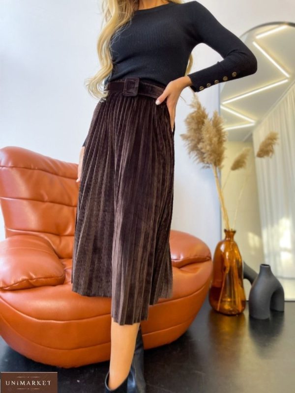 Заказать по низким ценам женскую юбку плиссе из микровельвета коричневую