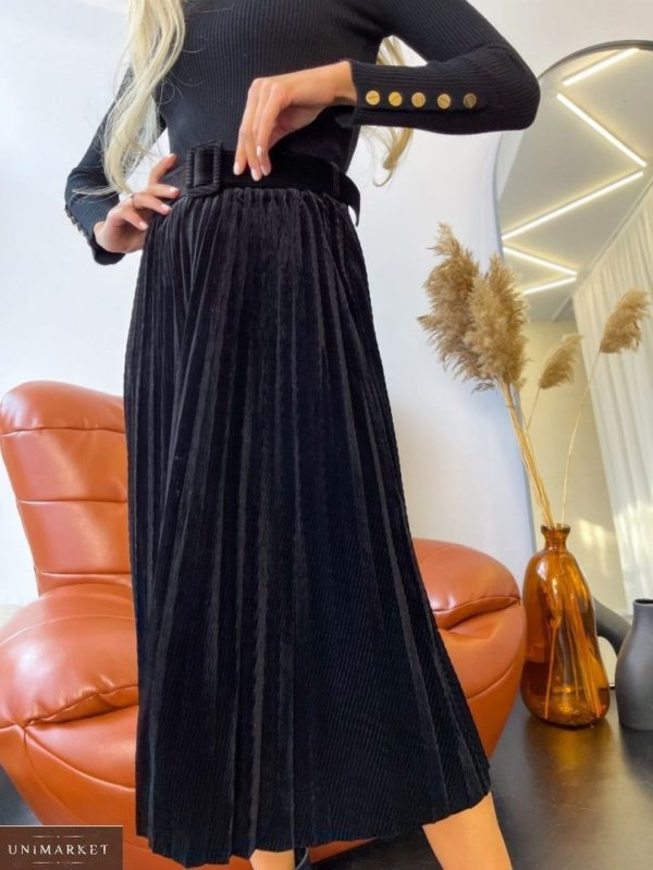 Приобрести черную женскую юбку плиссе из микровельвета в Украине