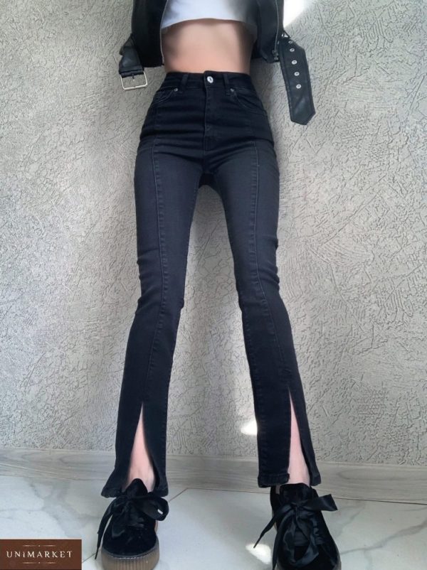 Заказать черные женские джинсы стрейч с разрезами в Украине
