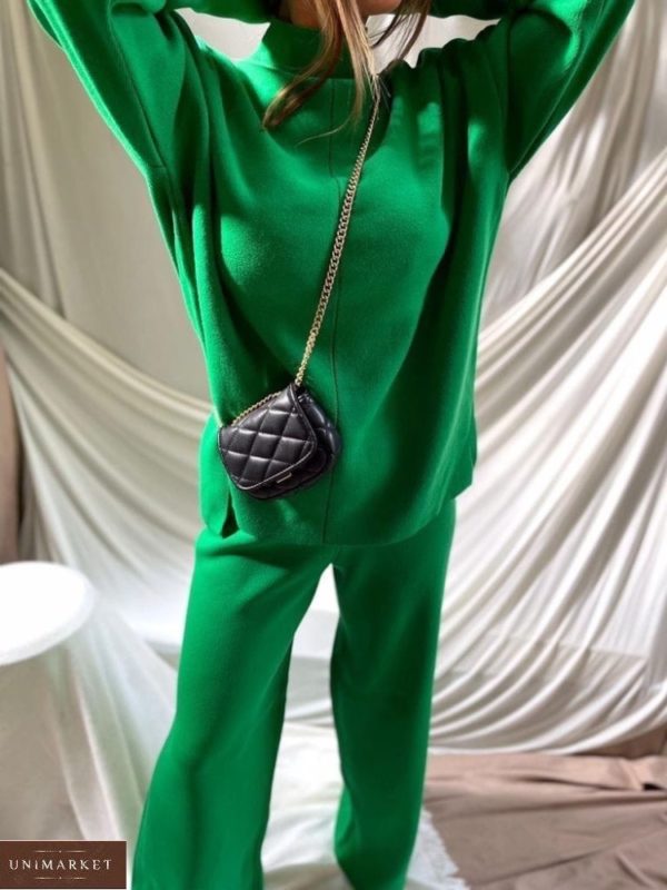 Замовити зелений жіночий теплий костюм з ангори зі светром недорого