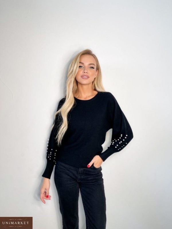 Прибрести черный женский свитер с жемчугом на рукавах онлайн