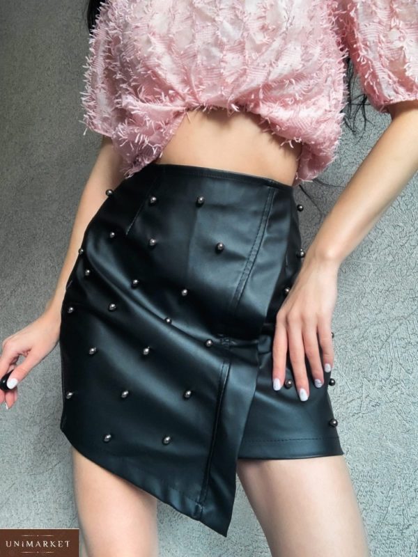 Купить черную юбку из эко кожи с бусинами для женщин онлайн