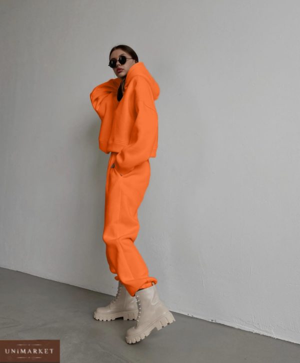женский костюм для прогулок кофта на флисе + штаны с высокой талией оранжевого цвета недорого в онлайне