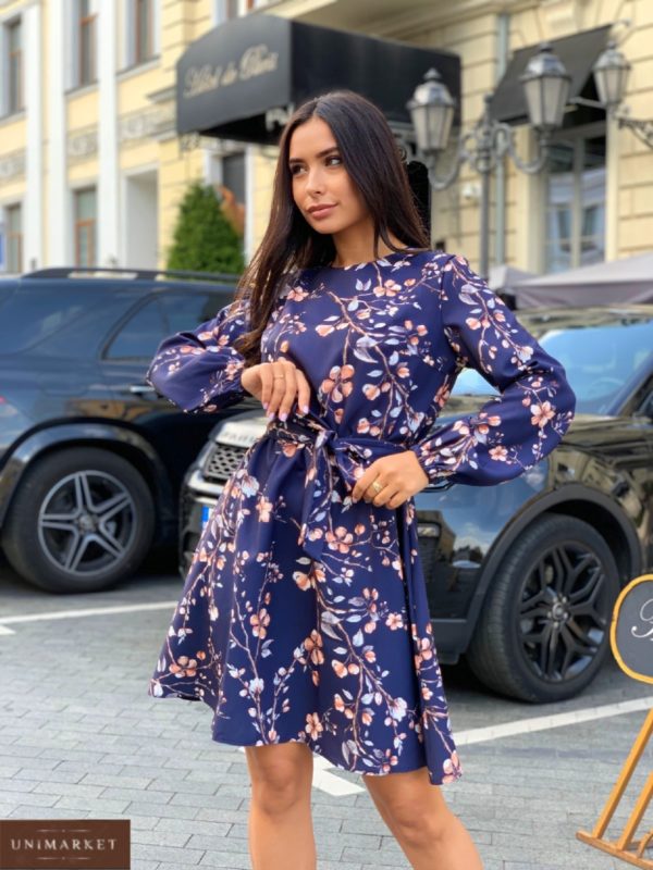 женское коктейльное платье с цветочным принтом темно синего цвета с доставкой по Украине