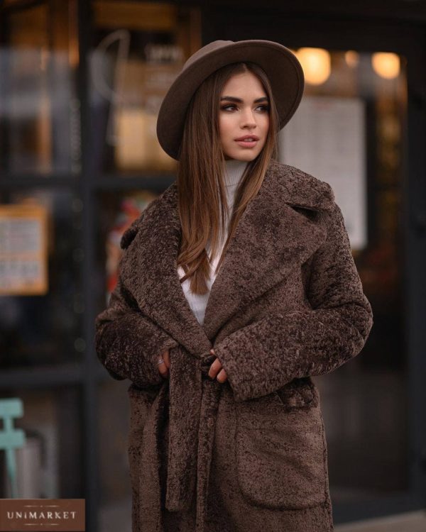 придбати жіноче зимове пальто на гудзиках з поясом кольору шоколад за знижковою ціною в Unimarket