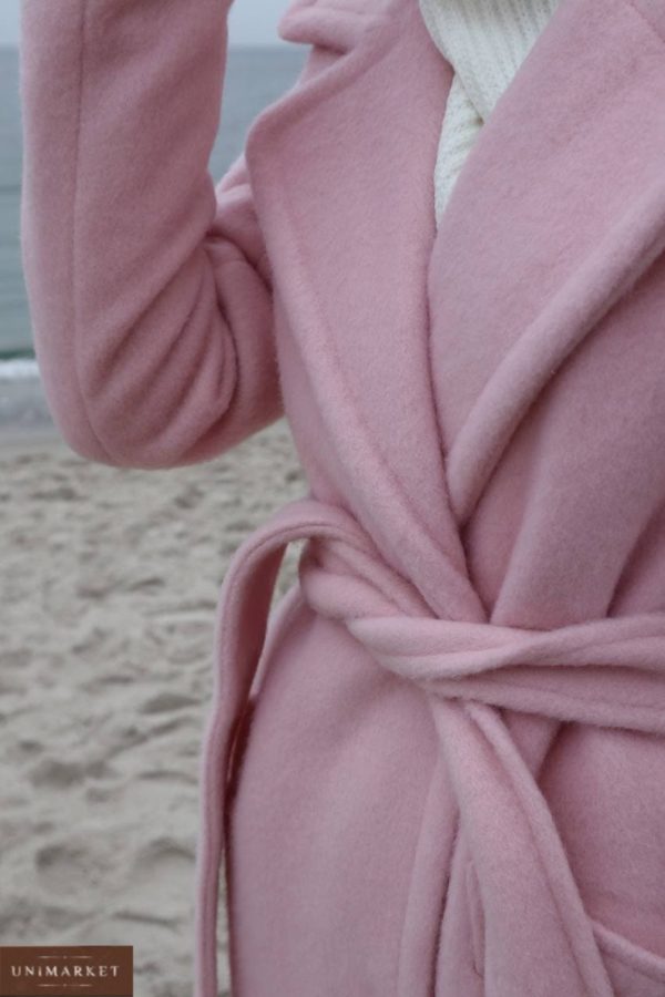жіноче зимове пальто з вовни з поясом пудрового кольору за знижковою ціною