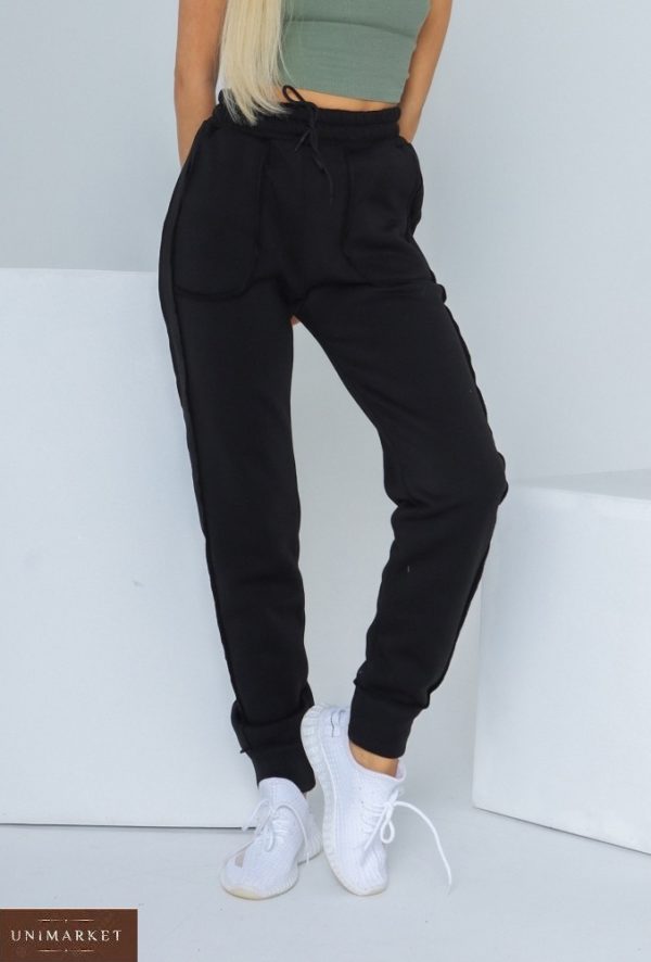 Заказать онлайн женские тёплые штаны из трехнитки (размер 42-48) черного цвета