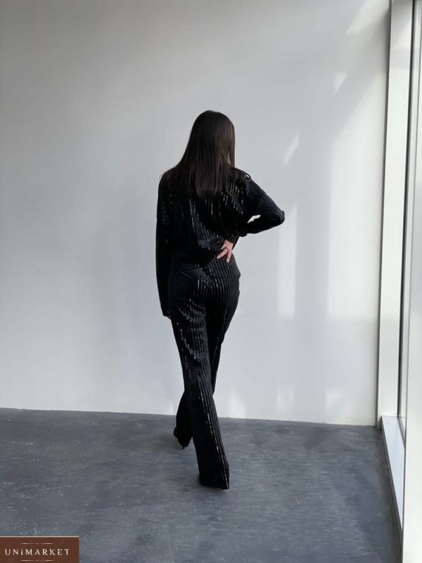 Купить дешево черный бархатный костюм с пайетками (размер 42-48) для женщин