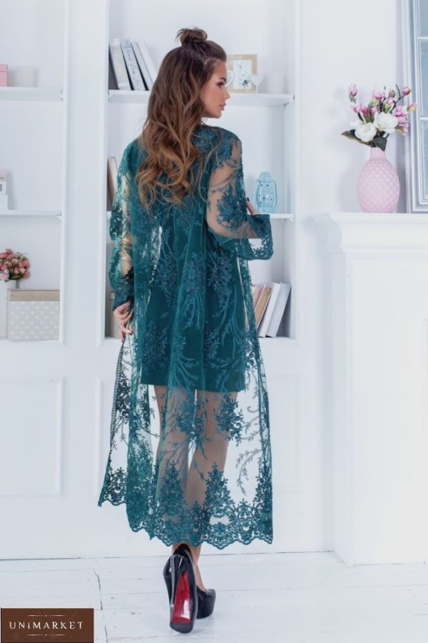 Купити онлайн жіночий коктейльний костюм: сукня та кардиган зелений