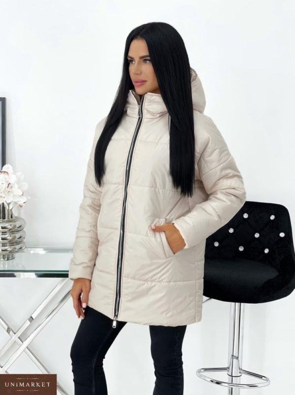 Купити білу жіночу зимову куртку з капюшоном (розмір 42-48) онлайн