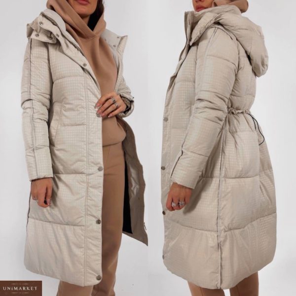 Заказать бежевую женскую длинную куртку в гусиную лапку онлайн