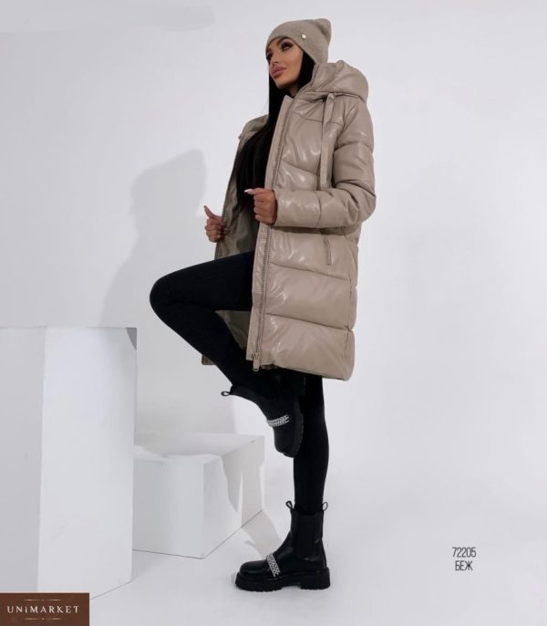 купить бежевую женскую удлиненную куртку из эко кожи в интернете