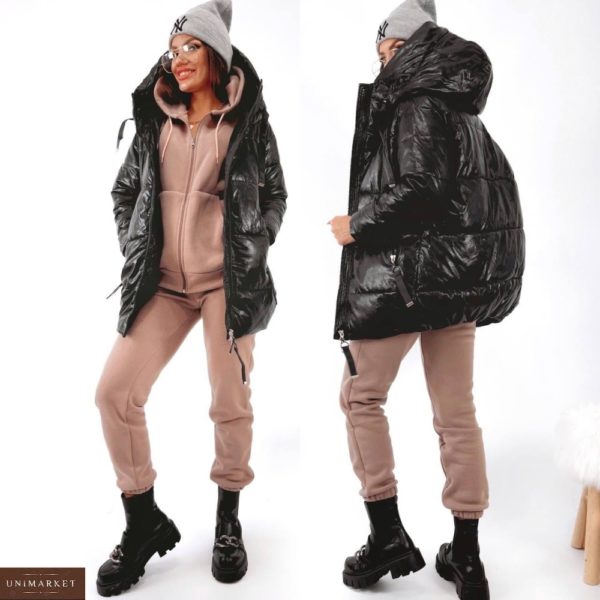 Купити жіночу подовжену куртку з екошкіри на холлофайбері чорну онлайн