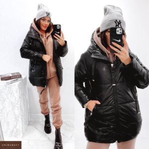 Приобрести черную женскую удлиненную куртку из экокожи на холлофайбере в интернете