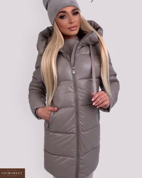 Купить женскую удлиненную куртку из эко кожи на зиму серую