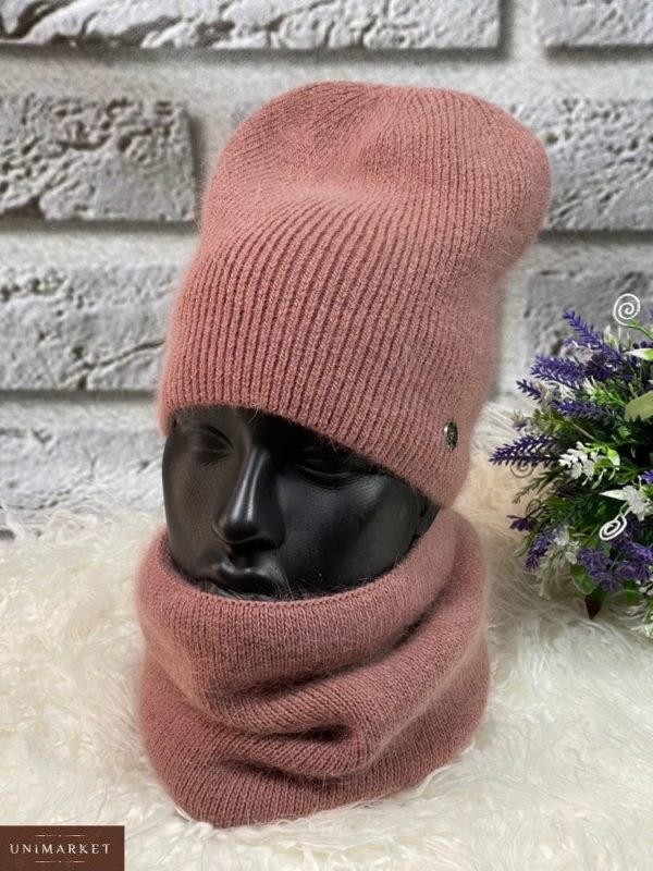 Купити жіночий набір: шапка та шарф-хомут кольору капучино онлайн