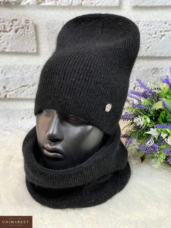 Приобрести черный женский набор: шапка и шарф-хомут в интернете