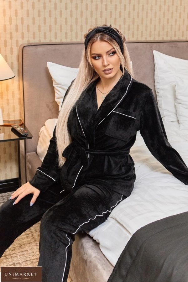 Купити чорну велюрову жіночу піжаму з пов'язкою (розмір 42-52) за низькими цінами