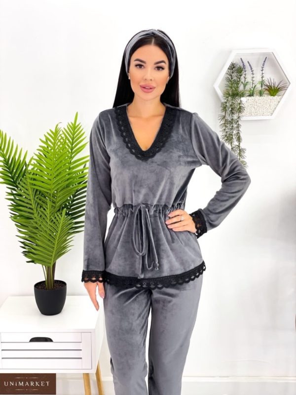 Купить серую женскую пижаму из велюра с повязкой (размер 42-48) недорого