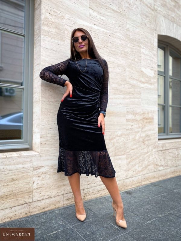 Купити в інтернеті чорне оксамитове плаття в мереживному (розмір 50-56) для повних жінок