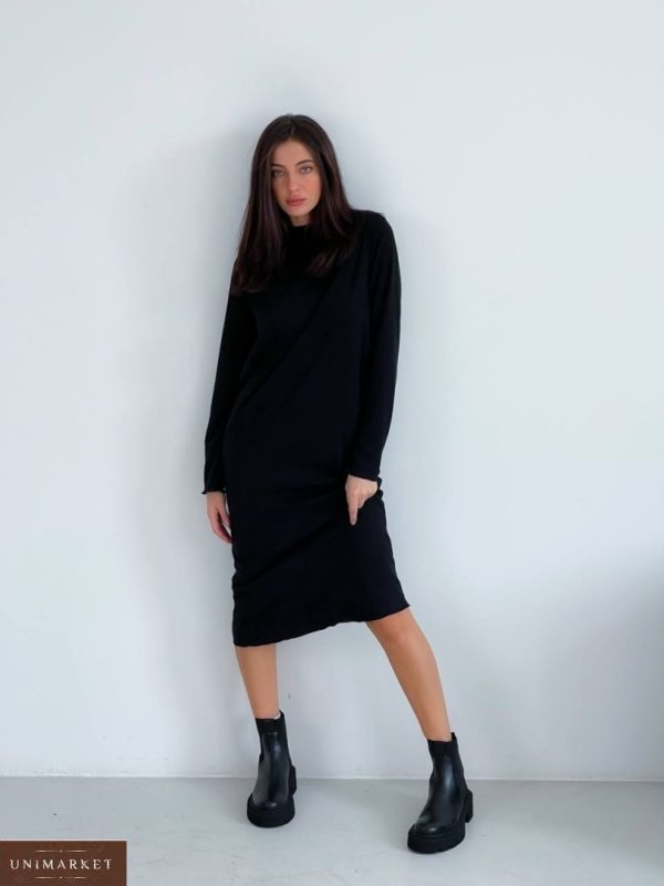 Купить онлайн черное женское осеннее платье с длинным рукавом (размер 42-48)
