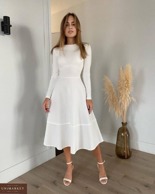 Купить онлайн белое женское платье миди с длинным рукавом