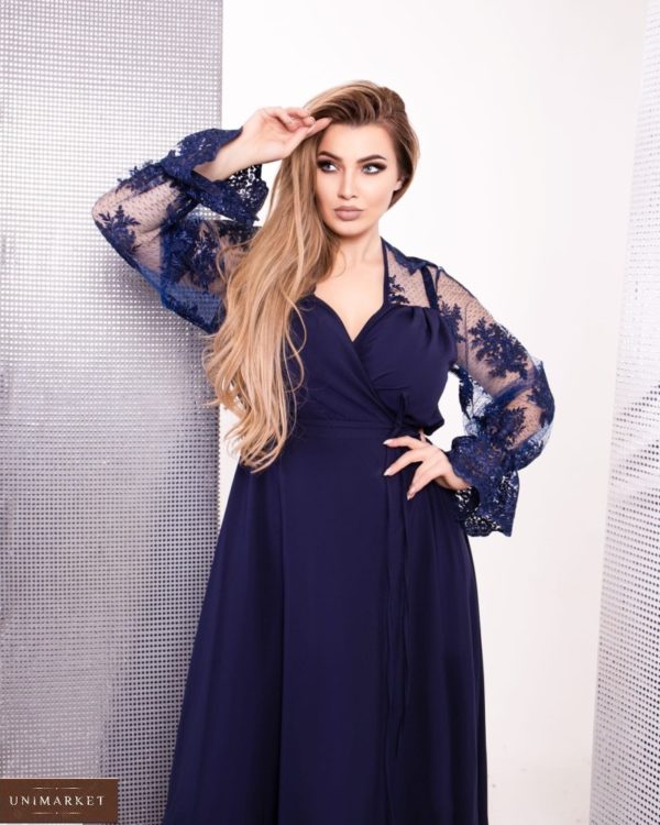 Купить по скидке синее платье в пол с сеткой (размер 48-70) для женщин