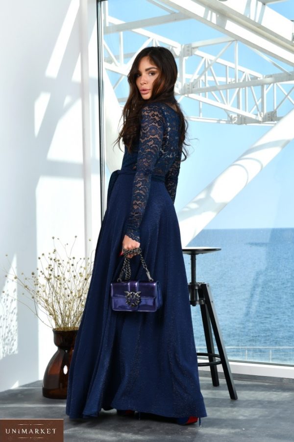 Купити по знижці синє жіноче плаття в підлогу з гіпюром (розмір 42-52)
