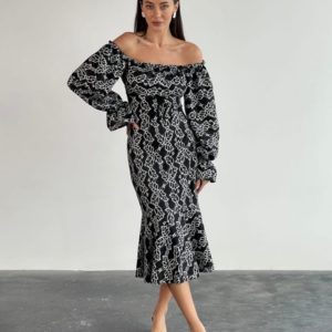 Замовити онлайн чорно-біле жіноче принтоване плаття міді (розмір 42-60)