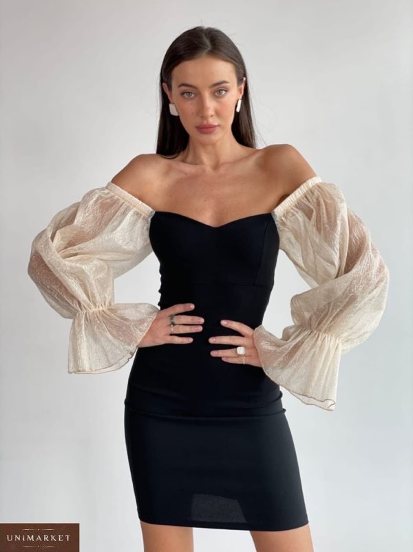 Замовити чорну жіночу сукню міні з рукавами з органзи (розмір 42-60) по знижці