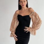 Замовити онлайн чорну жіночу сукню міні з мереживними рукавами (розмір 42-60)