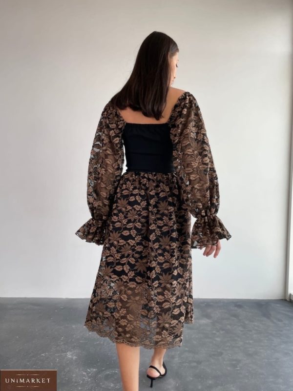 Купить онлайн коричневое платье миди в кружевом (размер 42-52) для женщин