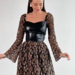 Купить в интернете черное кружевное платье с кожей для женщин