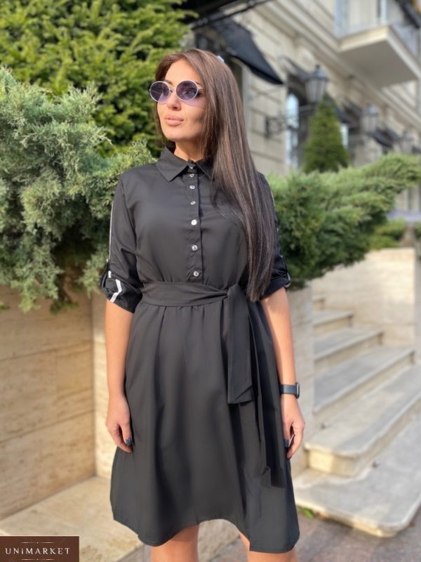 Купить по скидке черное платье-рубашку с лампасами (размер 50-56) для полных женщин