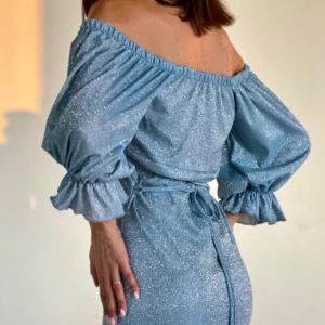 Приобрести онлайн голубое блестящее платье миди (размер 42-56) для женщин