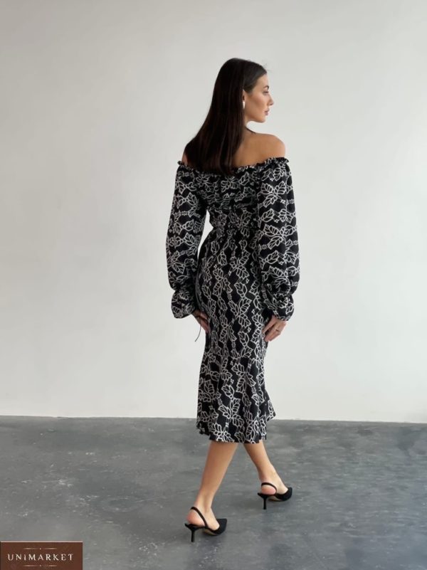 Придбати чорно-білого кольору принтовану сукню міді (розмір 42-60) для жінок в інтернеті