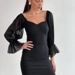Купить черное платье мини с рукавами из органзы (размер 42-60) в интернете для женщин