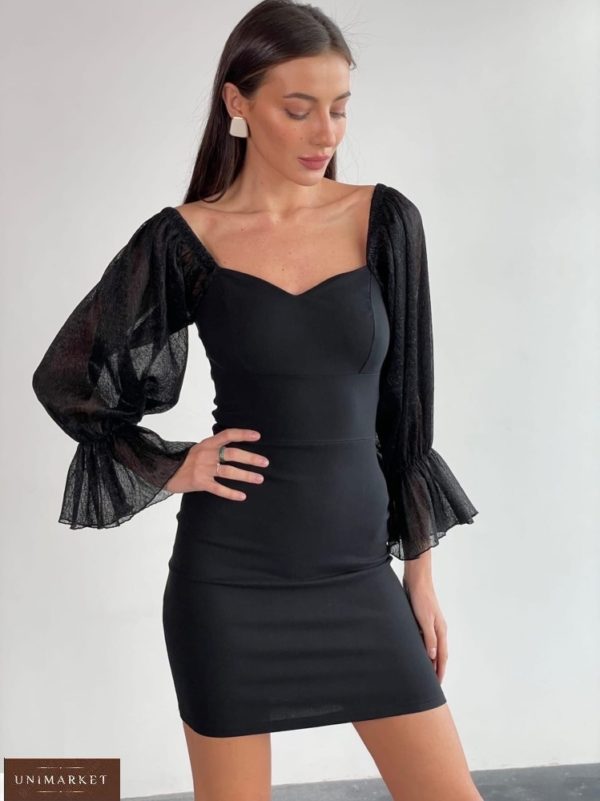 Купити чорне плаття міні з рукавами з органзи (розмір 42-60) в інтернеті для жінок