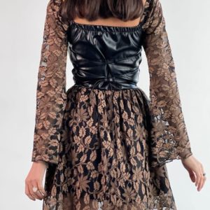 Замовити онлайн коричневе мереживне плаття зі шкірою для жінок