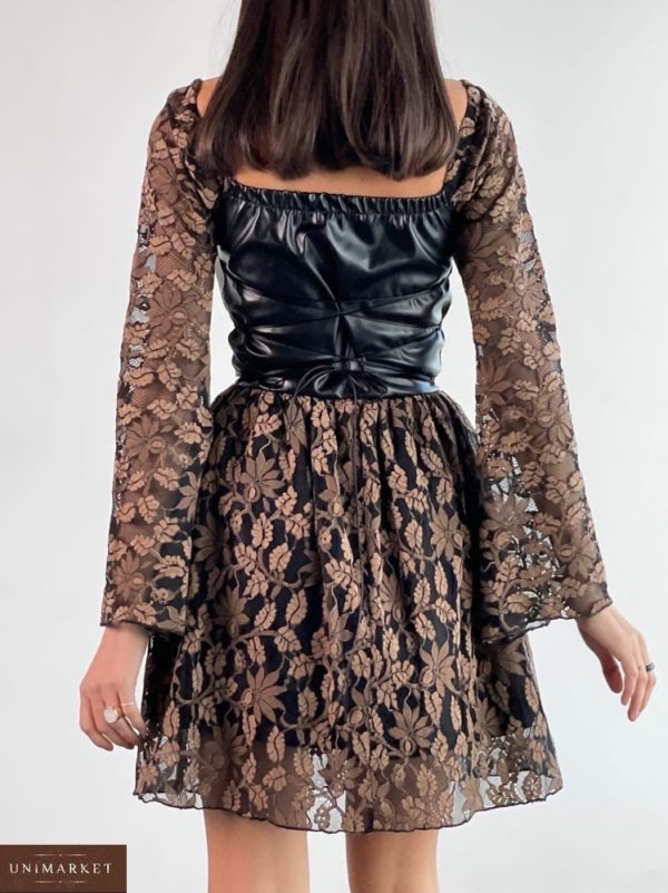 Заказать онлайн коричневое кружевное платье с кожей для женщин
