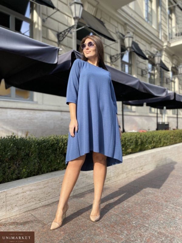 Заказать по низким ценам женское однотонное асимметричное платье (размер 50-56) синего цвета
