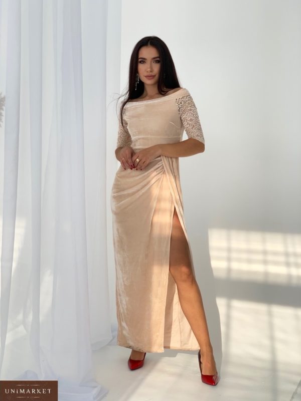 Купити жіноче оксамитове плаття із запахом (розмір 42-56) бежевого кольору в Україні