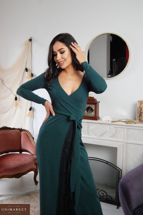 Купити вигідно зелене довге трикотажне плаття з мереживом (розмір 42-56) для жінок