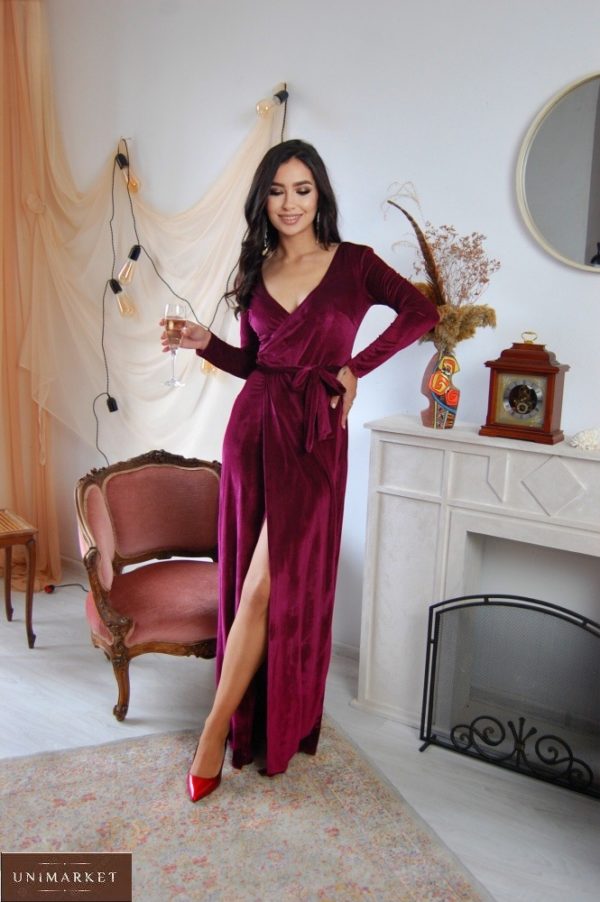 Заказать онлайн женское вечернее бархатное платье (размер 42-56) цвета марсала