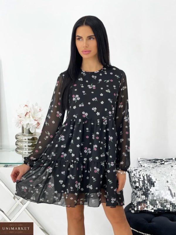 Купить черное женское шифоновое платье оверсайз (размер 42-48) онлайн
