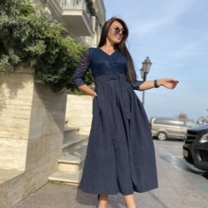Купить синее женское плотное платье в пол (размер 50-56) онлайн