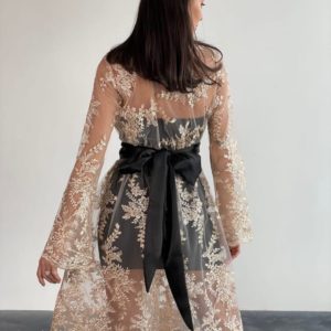 Купить бежевое женское двойное платье с вышивкой на сетке (размер 42-48) в интернете
